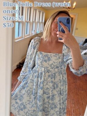 Blue Toile Square Neck Puff Sleeve Dress